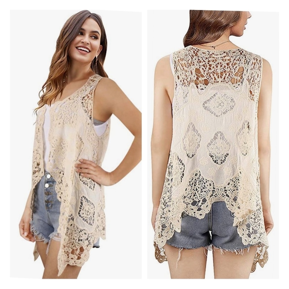 Jastie Bohemian Crochet Open Stitch Festival Vest Ivory Fairy Whimsigoth-OS
